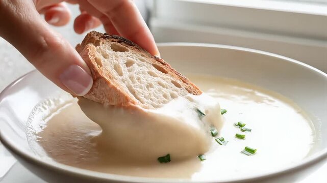 Hand dipping rustic bread slice into creamy soup garnished with fresh chives in a white bowl for a meal.