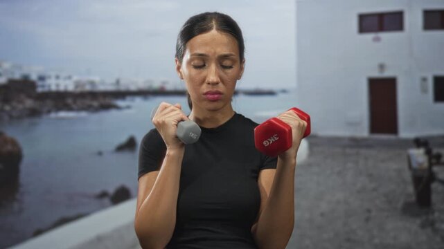 Woman lifting dumbbells on seaside promenade by white building and rocky coast; determination fitness.