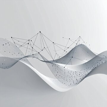 Abstract 3D digital network connection with bokeh depth of field, minimalist plexus nodes and lines on light gray background