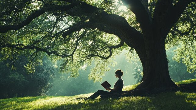 Woman reading book under tree in park at sunrise