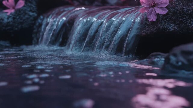 A small waterfall cascades into a pool, with pink flowers bordering the scene in a tranquil setting