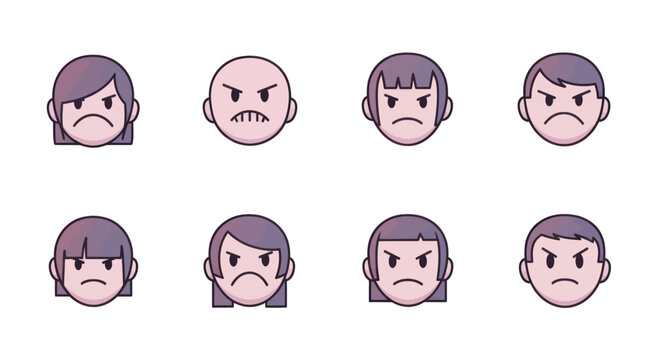 Set of angry and upset emotion cartoon avatars with various hairstyles and facial expressions, perfect for social media, messaging apps, or user interfaces