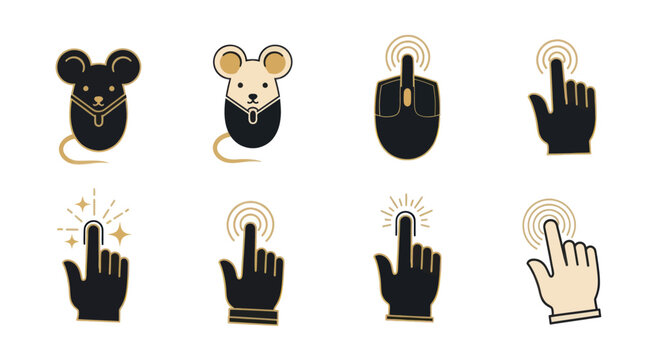 Set of mouse and hand pointer icons including computer mouse and touchscreen gestures for UI design and digital interaction