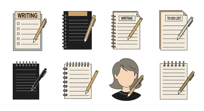 Set of writing notebook and to do list icons with pen and female avatar for note taking, planning, and productivity concepts