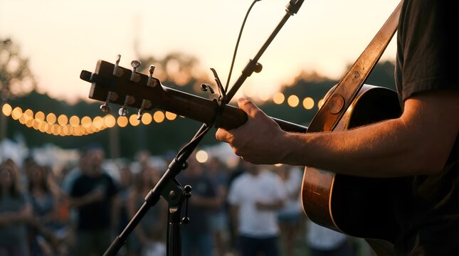 Musician playing acoustic guitar at sunset outdoor music festival