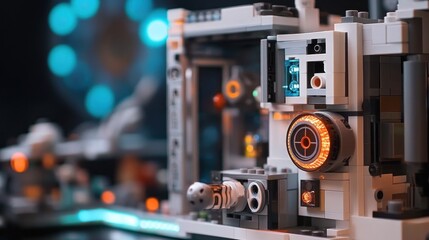 Naklejka premium Detailed close-up of a complex, modular, futuristic spaceship interior. Complex mechanical components and glowing lights are visible