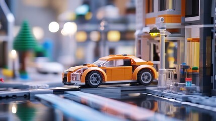 Naklejka premium Detailed miniature city scene with orange car