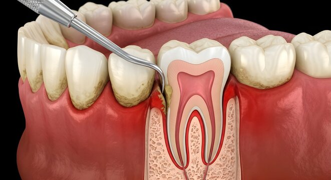 歯科教育用の歯周病検査と歯肉炎症を強調したデジタルイラストレーション