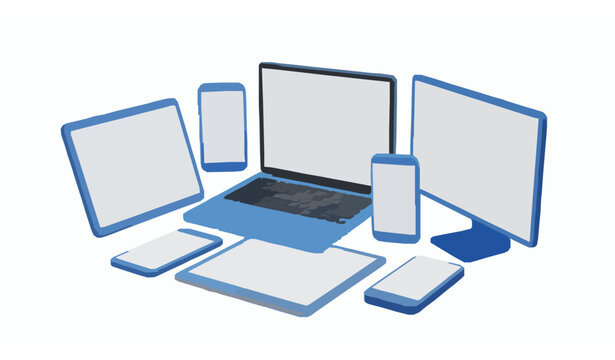 Dynamic perspective 3D device mockup set with laptop smartphone tablet and monitor blue cartoon style isolated on white