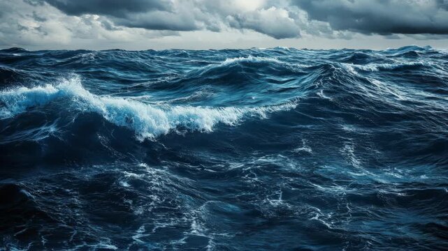 A vast ocean expanse with churning waves under a dramatic, cloudy sky