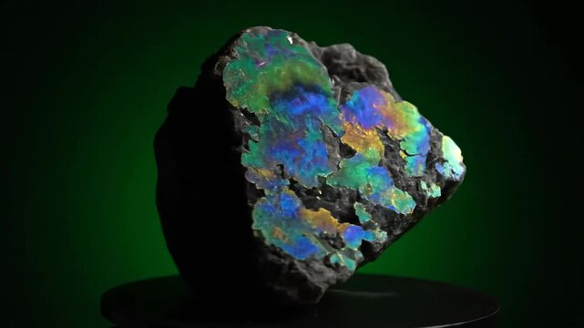 Raw rough opal gemstone with iridescent rainbow colors on dark background, macro view