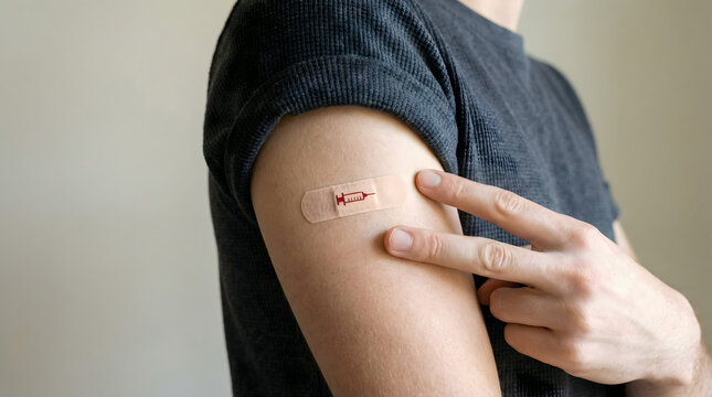 Person showing arm with vaccination bandage and V sign, healthcare concept