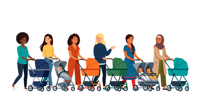Diverse group of mothers strolling with baby strollers, embracing the joys of motherhood and celebrating their families