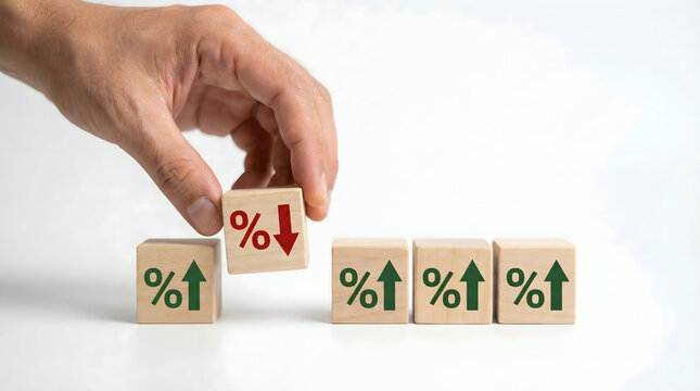 Hand places wooden block with percentage down icon, symbolizing financial risk or decline