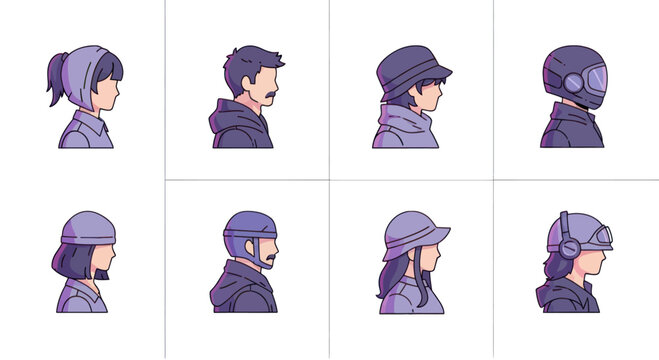 Set of eight diverse cartoon avatars with various hats, helmets, and hairstyles in profile view for gaming, social media, or digital identity design