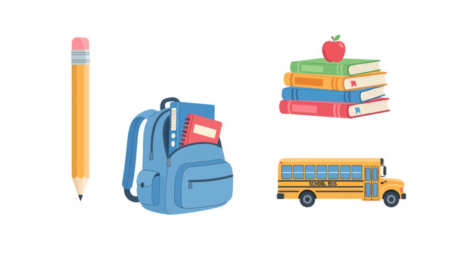 Back to school concept with pencil, backpack, books with apple and yellow school bus illustration for education and learning materials