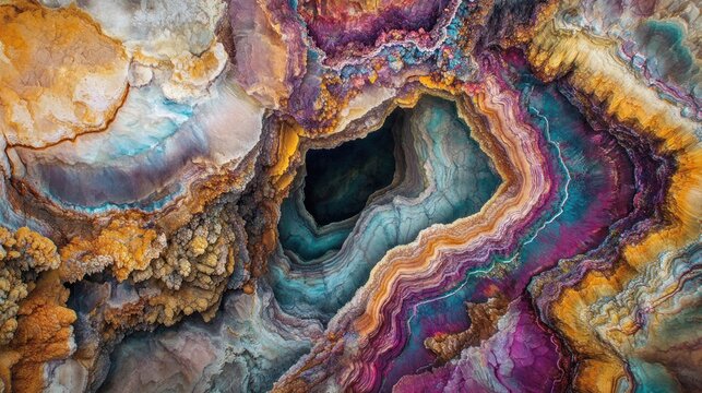 Colorful mineral cave formation, vibrant textures, dark hole, abstract geological detail