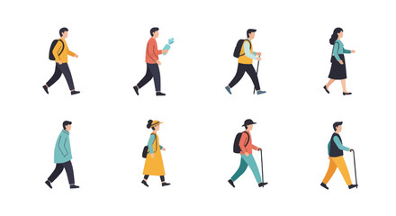 Fototapeta premium Set of diverse walking people illustrations with backpacks and canes, casual and outdoor clothing, perfect for lifestyle and character design projects