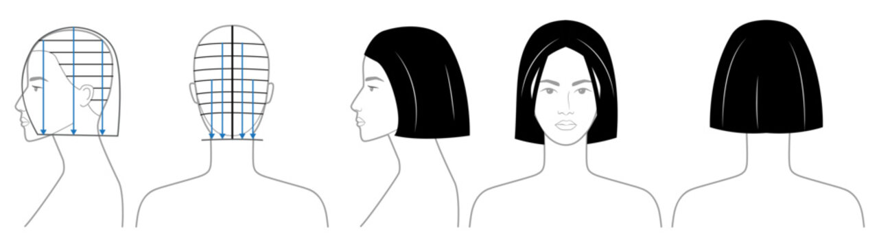 Black and white bob haircut diagram showing structure, sectioning and cutting lines with front and back views, clean technical vector illustration education, salon training professional reference