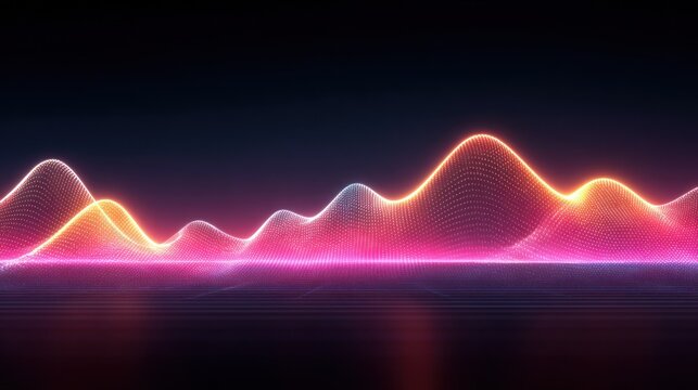 Fluorescent glowing particle wave pulses across a dark, reflective surface creating dynamic audio visualization