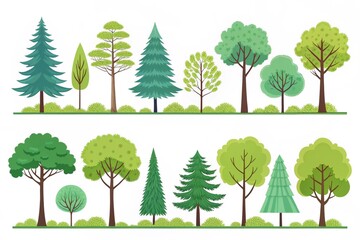 Fototapeta premium Collection of stylized green trees in various shades isolated on white background, perfect for nature, eco design, branding, patterns, and modern botanical illustration projects.