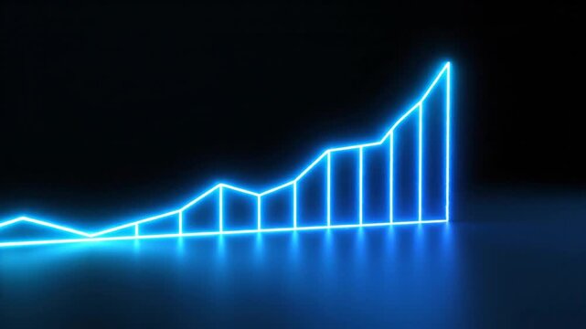 A glowing blue neon graph rises sharply upwards on a dark background with a reflective surface.