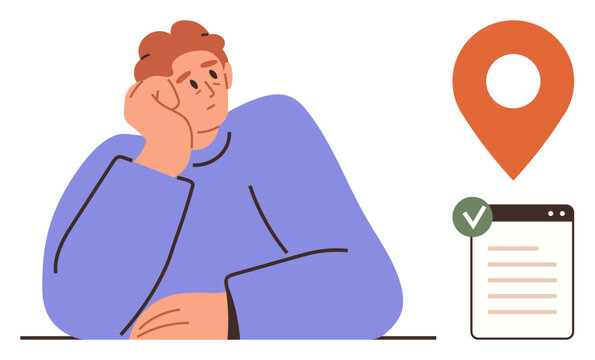 Decision-making, planning, organization, location tracking, personal checks, self-reflection. A seated person appears thoughtful near a location pin and checklist. Decision-making and planning