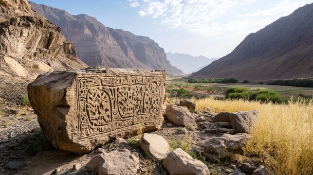 Carved stone slab in mountain valley, ancient script, landscape background