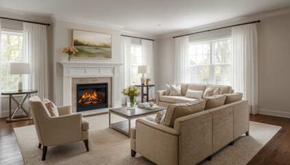 Naklejka premium Neutral beige living room with fireplace, sofa, armchair, coffee table, curtains