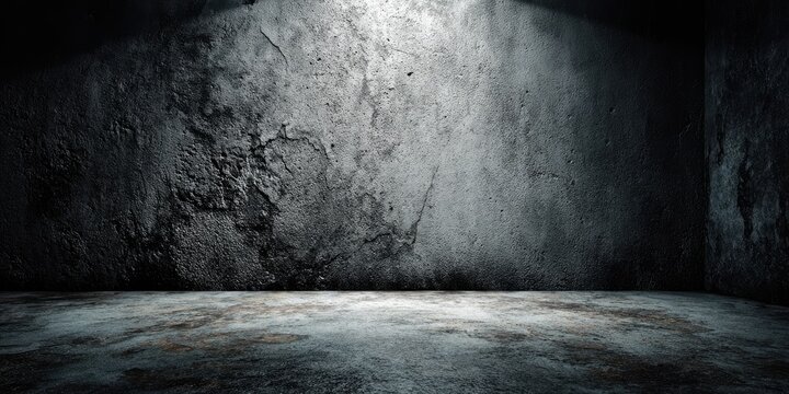 Dimly lit concrete room with textured walls and a worn floor