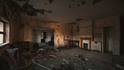 Naklejka premium Abandoned room dilapidated interior peeling paint debris floor fireplace wooden panel wall