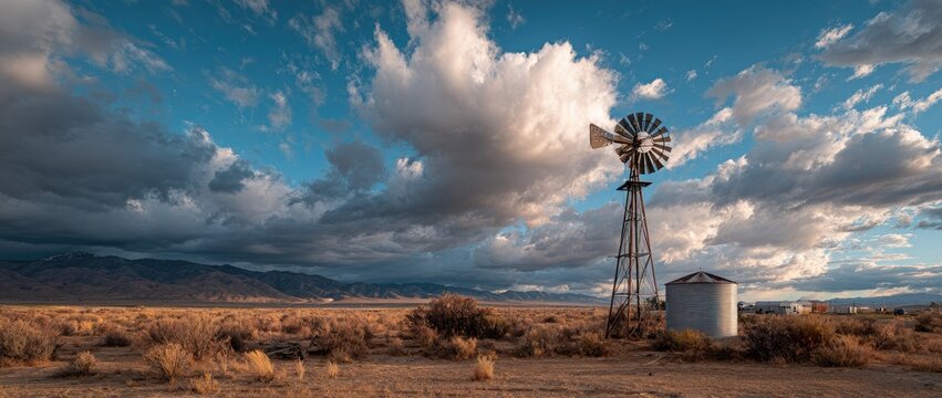 Old windmill and water tank stand against dramatic clouds over a dry landscape