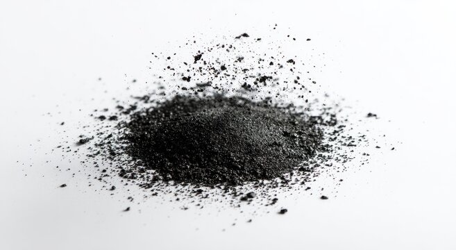 Black granular powder scattered on a clean white background, with some particles airborne