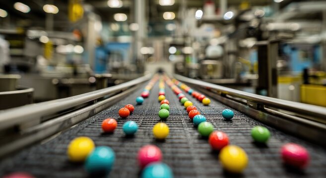 Colorful spheres traveling along an industrial conveyor belt in a factory