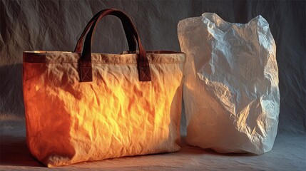 Naklejka premium Stylish fabric tote bag glows in warm light beside a tall crumpled paper form, creating an artistic still life ideal for eco branding, retail, or design concepts.