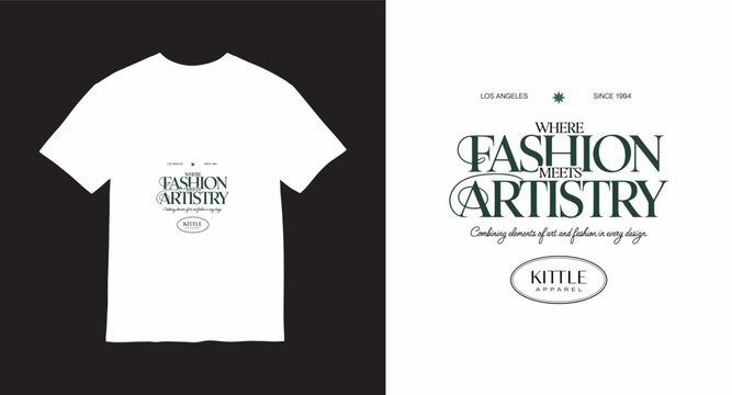 White t-shirt design with fashion artistry concept and 'kittle apparel' text