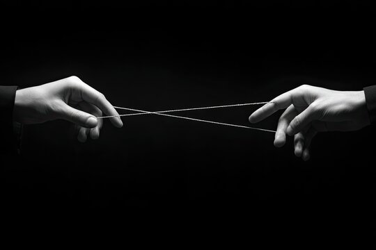 Two hands, fingers stretched, hold a taut string, dark background