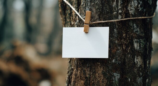 A blank card hangs from a tree trunk using twine and a clothespin