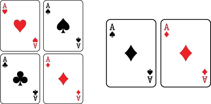 Ace Playing Cards Vector Set Featuring Hearts, Spades, Clubs, and Diamonds Symbols for Poker, Casino, and Classic Card Game Design