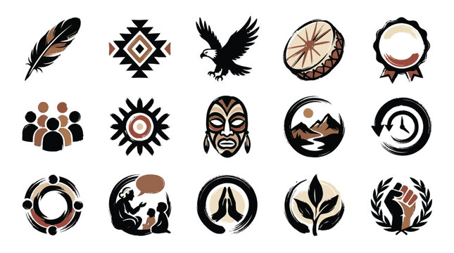 Collection of Indigenous and cultural symbols including feathers, geometric patterns, animals, masks, and community representations.