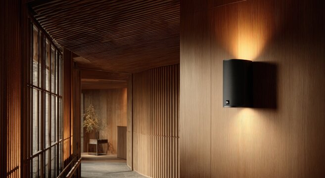 Warm wooden hallway with modern uplight sconce casting soft glow