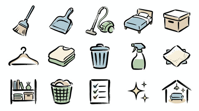 A collection of hand-drawn icons representing various household cleaning and organization tasks, including sweeping, dusting, laundry, and tidying up.
