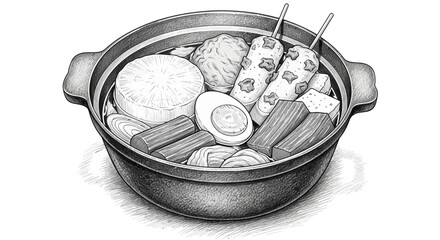 Fototapeta premium Oden hot pot illustration, Japanese winter dish
