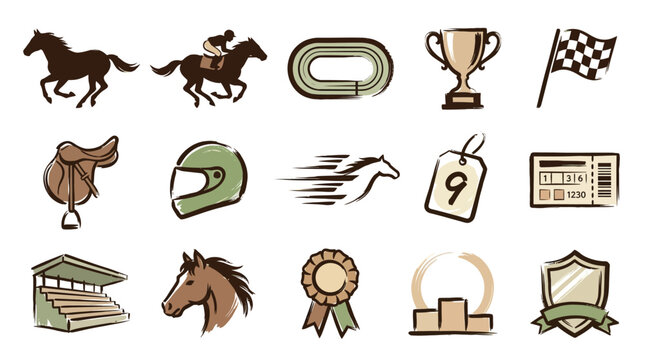 Collection of horse racing icons including horses, jockeys, track, trophy, saddle, helmet, and checkered flag.