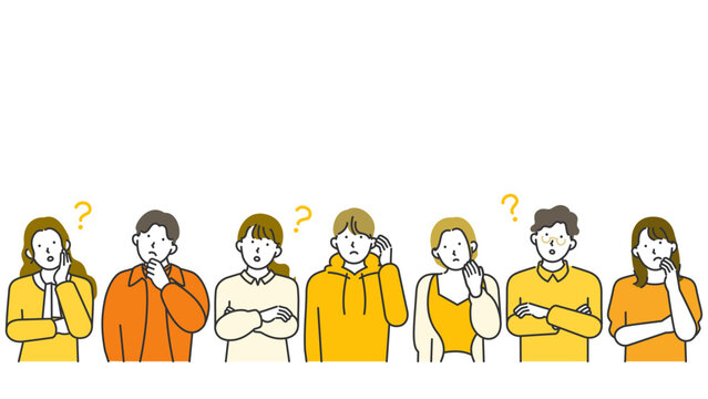 Wide line art banner with empty upper zone above street fashion gen z males and females whose body language and facial cues broadcast confusion second guessing and unresolved inner tension