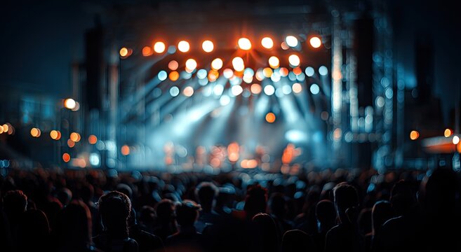 Blurred audience faces a brightly lit outdoor stage with spotlights
