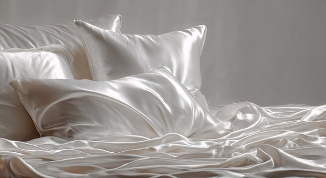 Luxurious white satin bedding with soft lighting