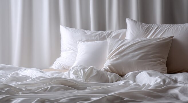 Soft white pillows and rumpled sheets create a serene and inviting bed setting