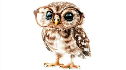 Obraz premium Wise owl scholar wearing eyeglasses perched elegantly on a stark white background intellectual bird.