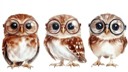 Fototapeta premium Three wise owls wearing reading glasses on a bookshelf symbolizing knowledge and education.